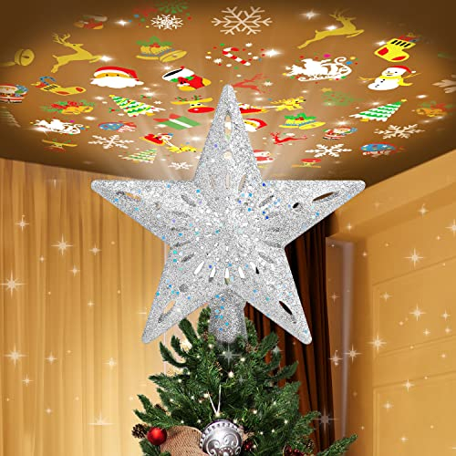 Puntale luminoso a LED rotante con 6 diapositive – Stella di Natale argentata per decorazioni albero