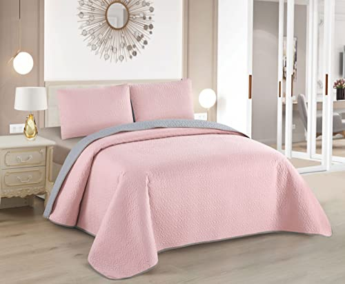 Colcha Boutis para Primavera y Verano Bicolor Reversible Liso de Color Rosa + 1 Funda Cojin 50x70 cm - Colcha Ligera Fina Entretiempo (Cama 90, 180x260cm)