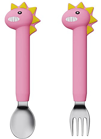 2PCS Cuillere bebe, Witbicg Fourchette Bebe, Carottes Cuillère bebe Nourrir Le Bébé, l'Enthousiasme Et Le Plaisir De Manger, Augmenter l'Appétit Convient Aux Bébés Plus 1 An (Long Dinosaure Rose)