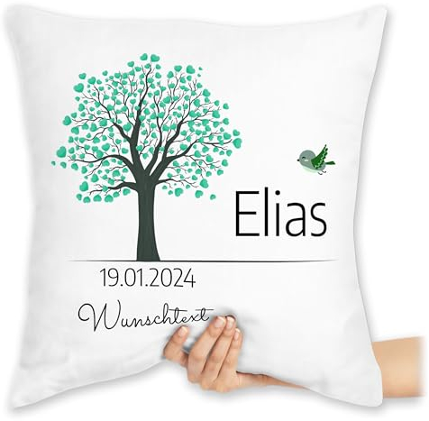 Kissen 40x40 Zierkissen - Lebensbaum Geburt I Taufe Geschenk Kommunion I Datum - 40 x 40 cm - Weiß - personalisiertes taufkissen konfirmation konfirmations füllung taufgeschenke taufgeschenk zur