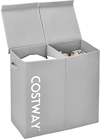 COSTWAY 115L Wäschekorb mit Deckel, Wäschesammler 2 Fächer, Wäschebox aus Vliesstoff mit Griffen, 62 x 31 x 60 cm (Grau)