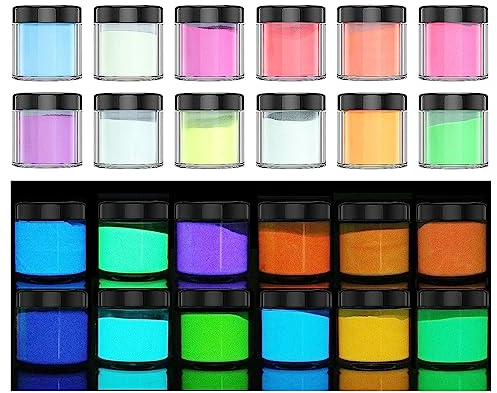 12PCS Glow Pigment Poudre Mica Poudre Nacrée Couleur Auto-Luminescente Longue Durée pour DIY Nail Art Rocks et Soirée à Thème Ensemble Original
