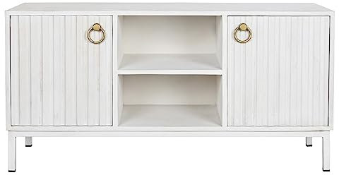 PEGANE Meuble TV en Bois de manguier Coloris Blanc et métal doré - Longueur 120 x Profondeur 40 x Hauteur 60 cm