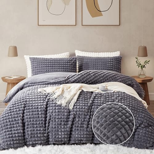 Nyescasa Plüsch Bettwäsche 200x200 Grau Warme Winter Flauschig Flanell Biber Wendebettwäsche Langhaar Deckenbezug Teddy Fleece Cashmere Touch Bettbezug mit Reißverschluss und 2 Kissenbezug 80x80cm