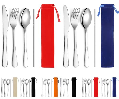 Kyraton Juego de cubiertos portátiles, incluye cuchillo, tenedor, cuchara y pajita, para uso en exteriores, picnics y viajes, aptos para lavavajillas, dos juegos de 8 piezas