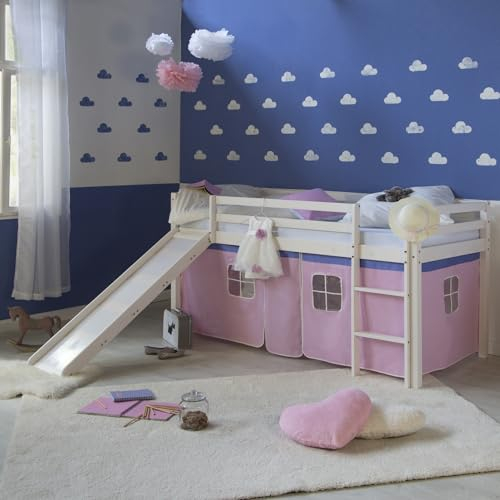 Homestyle4u 2552 Lit mezzanine, pour enfant, échelle blanche, 90 x 200 cm, en bois de pin, avec rideau rose, toboggan et sommier à lattes
