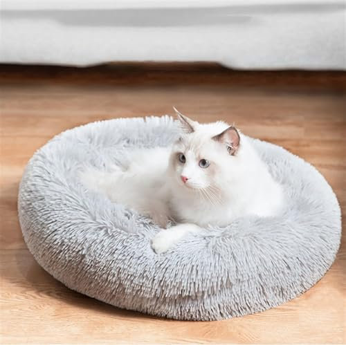 QTRDFGE Katzenhöhle Katzenbett Waschbar Katzenschlafplatz für Katzen CutePlüsch Haustier Katzenkopfkissen Katzenhaus Katzenkissen Flauschiges Kätzchen Welpen Kuschelbett Haustierbett,Grau-60x60cm