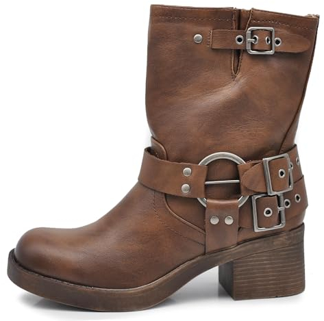 IF Fashion Stivali Alla Caviglia Stivaletti Biker Anfibi Motociclista Fibbie Cinghie Da Donna 660 Marrone N.39
