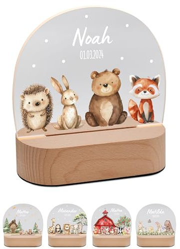 Bärenfreunde® - Personalisiertes Nachtlicht für Babys - Individuelle Nachttischlampe für Kinder - Personalisierte Geschenke Kinder - Babygeschenk - Geschenk zur Geburt (4 Waldtierfreunde)