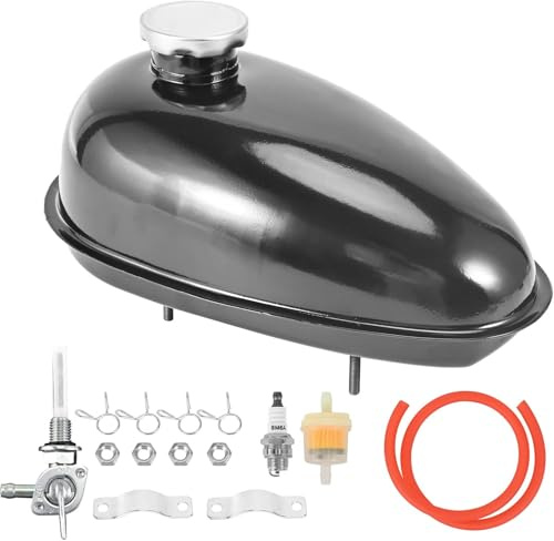 Trkimal Upgrade Metall Kraftstofftank mit Zapfhahn, Kappe für 49cc 50cc 60cc 66cc 80cc Motorisierte Fahrrad, Schwarz Bike Motor Powersports Öltanks (3L/0.79Gallonen)