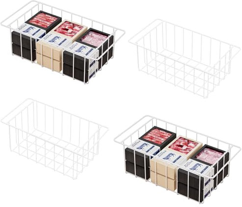 lonpute Chest Freezer Organizer Bins 17.5 Inch, Deep Upright Freezer Baskets Storage Rack Bins, Metal Wire Baskets, White Set of 4