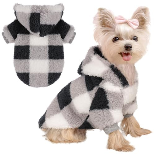 Fleece Dog Hoodie Clothes Pet Sweaters for Small Dogs, Winter Cute Warm Puppy Chihuahua Sweater, Pet Clothes for Chihuahua Yorkie Teacup, Cat Apparel (Plaid Black, X-Small)