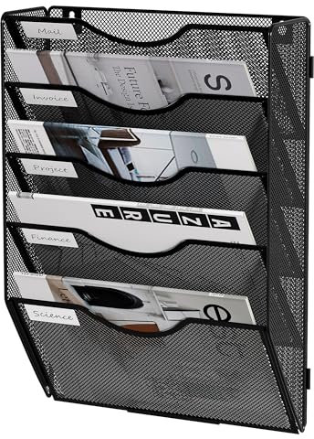 Senhoglb Porte Revue Mural Porte Document Mural, Métall Banette Murale Organisateur à 5 Compartiments, Panneaux d'Étiquetage, Poches Latérales en U, Facile à Accéder et à Ranger, Noir