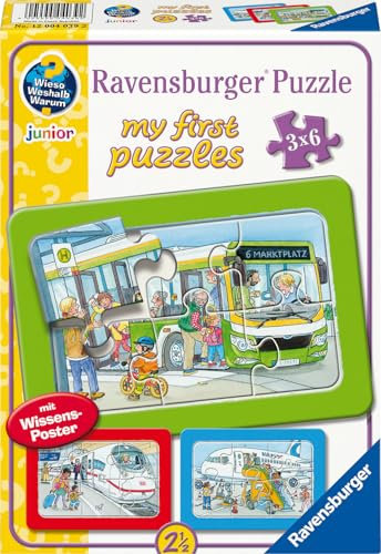 Ravensburger Kinderpuzzle - 12004039 Unterwegs mit Bus, Bahn und Flugzeug - My First Puzzle mit 3x6 Teilen und mit Wieso? Weshalb? Warum? Wissensposter, für Kinder ab 2,5 Jahren