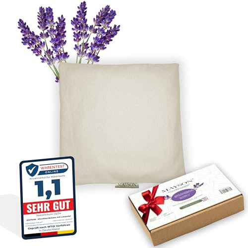 Mayson® Bio Kirschkernkissen mit Lavendel - Mikrowellengeeignetes Wärmekissen - mit Waschbarem Flauschbezug - 100% Baumwolle - 20x20cm - Handgefertigt mit Liebe - Beige/Rot (Beige)