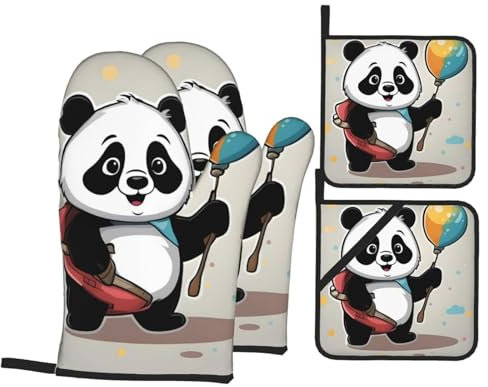 YYHHAOFA Set di quattro pezzi da cucina con stampa panda rosso, guanti da forno isolati e presine, spessi e resistenti