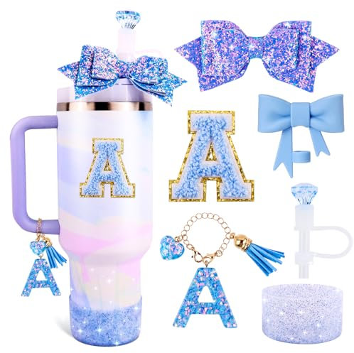 Blue Cup Accessories Set for Stanley 30OZ & 40OZ Tumbler with Handle, Letter Charms, Bow & Diamond Straw Covers, Glitter Silicone Boot, Personalized Sticker for Stanley Cup Accessories (A)
