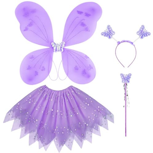AYBUY Costume Farfalla Bambina, 4 Pcs Costume Fata Ragazza con Bacchetta Magica e Fascia, Ali di Farfalla Set con Paillettes Tutu Gonna, per Capelli a Farfalla, Stile Paillettes(Viola)