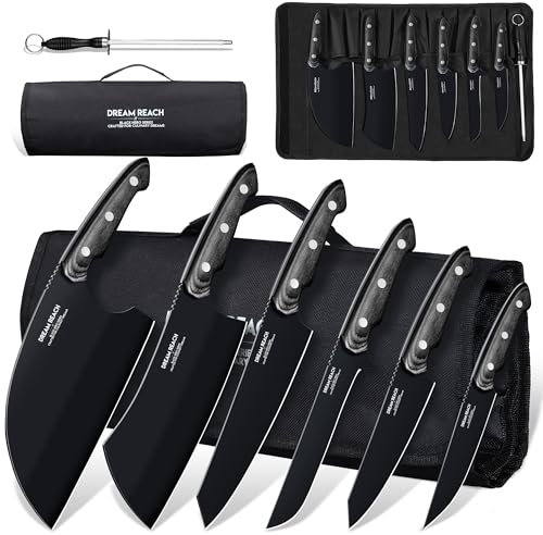 Dream Reach Messerset mit Wetzstähle - Ultra Scharfes Küchenmesser Set 6-teilig mit Tragbare Messertasche, Fulltang Küchenmesserset für Küche, Camping, BBQ Outdoor Geburtstagsgeschenk für Eltern
