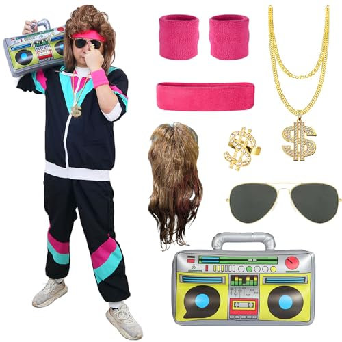 BITOYO Déguisement Année 80 Homme Femme, Costumes Années 80 Survêtement Rétro Avec Veste Et Pantalon Perruques Mulet, Déguisement Année 80 90 Accessoire Deguisement Disco pour Carnaval Fête (L)