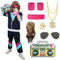 BITOYO Déguisement Année 80 Homme Femme, Costumes Années 80 Survêtement Rétro Avec Veste Et Pantalon Perruques Mulet, Déguisement Année 80 90 Accessoire Deguisement Disco pour Carnaval Fête (L)