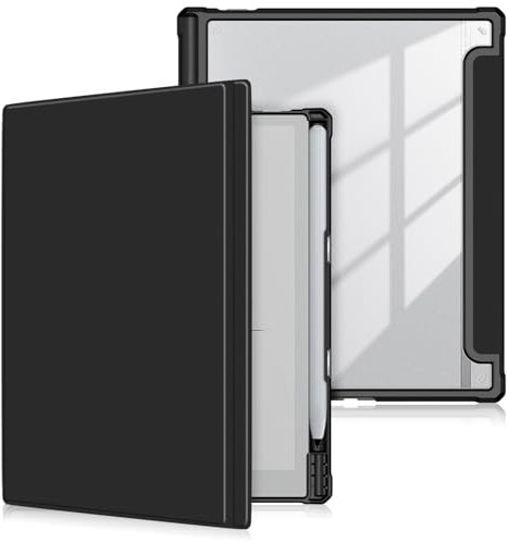 TOPCASE Case Compatible with BOOX Go 10.3 ePaper Tablet 10.3 Inch 2024 with Pen Holder, Clear Transparent PC Back, TPU Shockproof Stand Protective Case with Car Wake/Sleep, Black