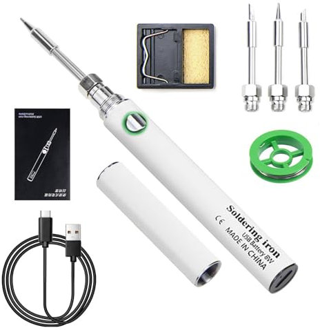 Hengrongshen Lötkolben Set Weiß, USB Lötkolben mit 3 Lötspitzen, Tragbarer Soldering Iron, Temperatur Einstellbar 100-400°C, Drahtloses Akku Lötkolben für Reparatur des Schweißens Eisenhaltig