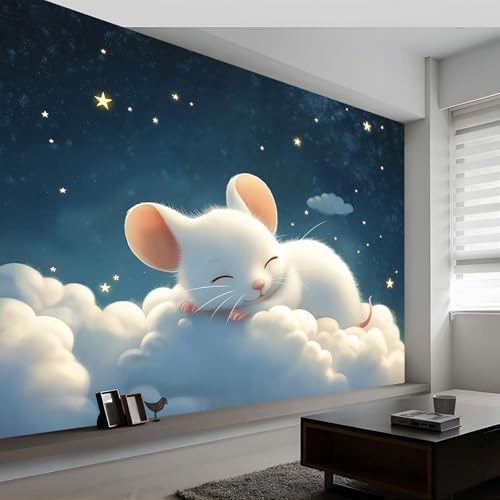 Vlies Fototapete 3D Effekt 200 x 140 cm Wandbild Schlafzimmer Wohnzimmer Wand Dekoration Cartoon Weiße Maus In Wolken Motivtapeten Poster tapete Dunkelblau Fototapete für Kinderzimmer Büro