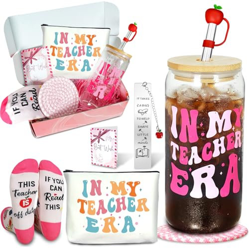 ANOTION Teacher Gifts,-in My Teacher ERA Iced Coffee Cup,Pink Socks, Makeup Bag, Bookmark, Coaster, Gift Set for Women,Retirement, Birthday, Graduation