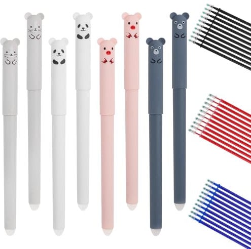 VEYLIN Radierbare Stifte, 8 Stück Radierbarer Tintenroller mit 30 Stück Nachfüllungen, Cartoon Löschbarer Kugelschreiber für Kinder Schule Büro Office Geschenke