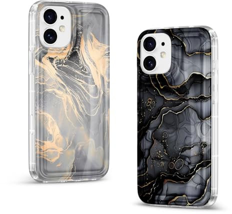 Yirlbey 2 Transparent Glitzer Stück Handyhülle für iPhone 11 Hülle, Aesthetic Marmor Muster Frauen Mädchen Schwarz Design Cover, Harter PC Silikon Brillant Case Schutzhülle für iPhone 11 6,1