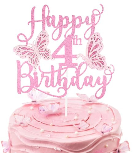 Personalised Pink 3D Butterfly Happy 4th Birthday Glitter Cake Toppers,Pink Butterfly Theme Cake Toppers for Cake Decorations Girls 4 Years Old Birthday Party Keepsakes
