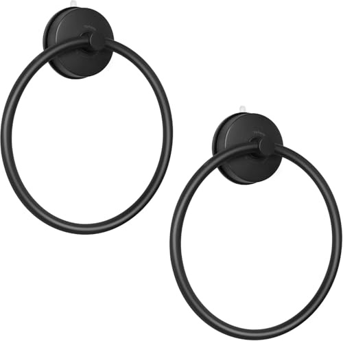 YOHOM Bathroom Towel Holder Suction Hand Towel Ring Stainless Steel Vacuum Towel Hanger Bath Wall Towel Rack Wall Mounted Kitchen No Drill Matte Black 2pcs