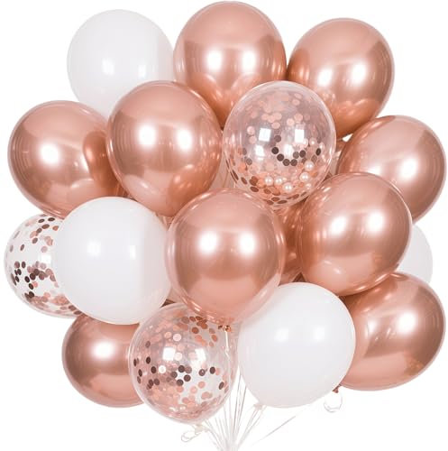 Ballons Rose Gold,60pcs Anniversaire Ballon Rose Gold et Blanc Métallisé avec Confettis Roses Ballons Latex Hélium Ballon Baudruche Decoration Fete pour Mariage Filles Baby Shower