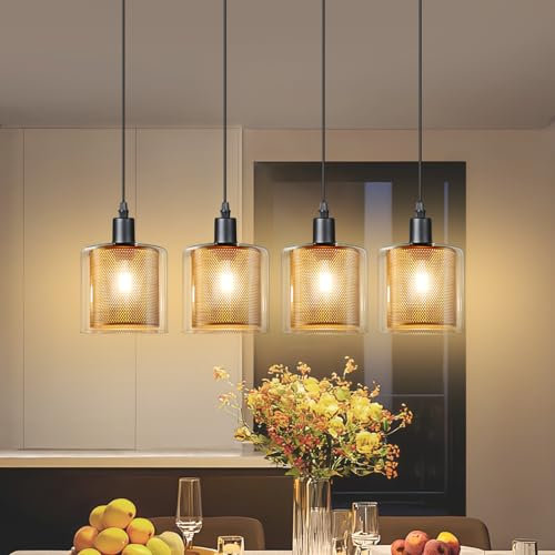 ZMH Pendelleuchte Esstisch Hängelampe Glas: Hängeleuchte 4-Flammig Esstischlampe Vintage E14 Gold Esszimmerlampe Höhenverstellbar Wohnzimmer Pendellampe für Esszimmer Küche(Mit Glühbirne)