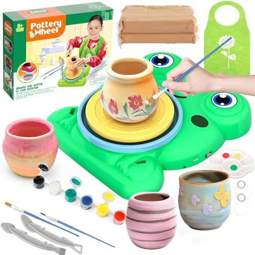 Luxfizz Pottery Wheel for Kids - Complete Pottery Painting Kit Arts and Crafts for Kids Ages 6-14 with 2 Pack Air Dry Clay Art Supplies Toys for Boys Girls Christmas Birthday Gift for Ages 6-14（Frog）