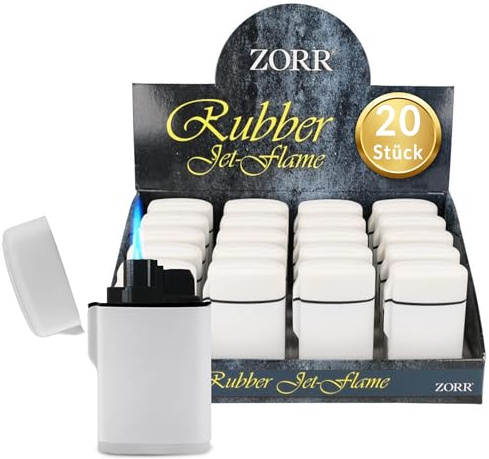 Zorr® Sturmfeuerzeug 20er Box Weiß – Hochleistungs-Jetflame bis 1300 °C, Premium Soft-Touch Oberfläche, Windresistent, Nachfüllbar & Einstellbare Flamme, Outdoor, Camping & Festival (Weiß 20er Box)