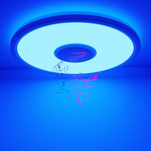 Lámpara de techo LED con altavoz Bluetooth regulable, lámpara techo LED con control remoto y control por aplicación, cambio de color RGB y reproducción musical para dormitorio infantil, dormitorio
