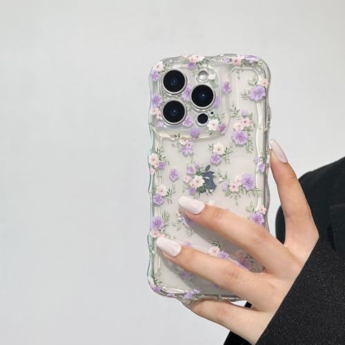 RALEAVO Flower Case for iPhone 15 Pro Max, Cute Curly Wave Aesthetic Clear Floral Case, Wavy Cover for Girls Women Shockproof Protective Soft Slim TPU Bumper Cover for iPhone 15 Pro Max-Purple Flower