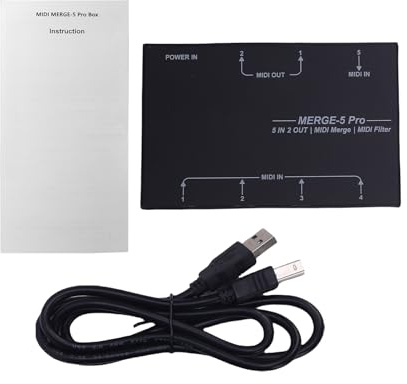 Kavolet USB MIDI Splitter Host Box 5 Eingänge zu 2 Ausgängen Tastatur-Synthesizer-Konvertierungsschnittstelle – Robustes Design für Studioaufnahmen und Live-Auftritte