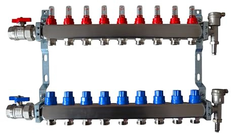 Heizkreisverteiler aus Edelstahl mit Eurokonus, Fußbodenheizung, Durchflussmesser, 1 Kugelhähne, Schnellentlüfter Set (9 Heizkreise)