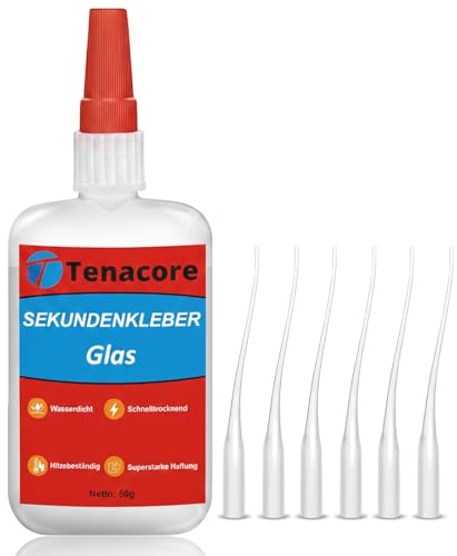 Tenacore Glaskleber Extra Stark 50g, Sekundenkleber mit Anti-Austrocknung, Transparent, Hitzebeständig & Wasserfest Für Glas, Acrylglas, Spiegel, Schmuck, Kristall