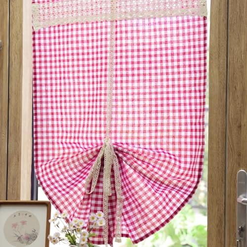 Devola Raffrollo Kariert Raffgardine Landhausstil Bändchenrollo mit Tunnelzug Klein Fenster Gardine Blickdicht Rollo Küchengardinen Kurz Modern HxB 150x65cm Rot 1 Stück