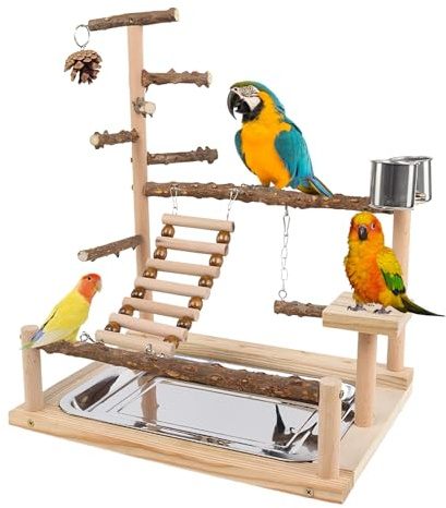 Parque De Juegos De Periquitos,Gimnasio de Madera para Aves | Escalera con Bebedero y Bandeja de Acero Inoxidable | para Cotorras Pinzones Agapornis Entrenamiento Ejercicio