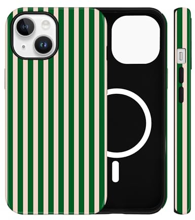 Jusy Aesthetic Stripes Magnetic Case for iPhone 14 Plus, Forest Green | Compatible with MagSafe, Cute Striped Aesthetic Design, Wireless Charging, TPU and PC Shockproof
