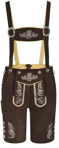 Herren Trachten Lederhose + Träger, Echtes Leder, Kurz Gr. 46-60 (Kurz, 54, Dunkelbraun)