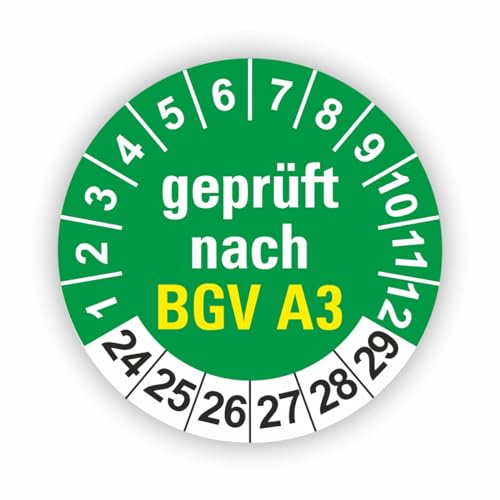 Fassbender-Druck PRÜFPLAKETTEN - Hochwertige Prüfetiketten BGV A3 PRÜFUNG Ø 30mm - Selbstklebende PVC-Folie - Wartungsetiketten für Prüfung - Prüfplakette für Prüfungsnachweis (120 Stück)