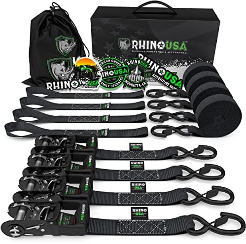 Cinghie a Cricchetto Rhino USA (4-Pack) - 2.5 cm x 4.6 m (800 kg di Resistenza alla Rottura) - Ganci a S di Sicurezza - Cinghie Premium per Camion, Carichi, Traslochi, Elettrodomestici - Nero