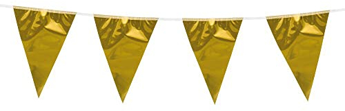Boland 74766 - Wimpelkette Metallic, 1 Stück, Länge 10 Meter, Gold, Fahnenkette, Hängedekoration, Girlande, Mottoparty, Geburtstag, Karneval, Hochzeit, Jubiläum, Goldhochzeit