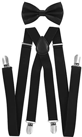 axy Hochwertige Herren Hosenträger mit Fliege - 4 Starken Clips X-Form (Schwarz (Hosenträger Breit 2,5cm))